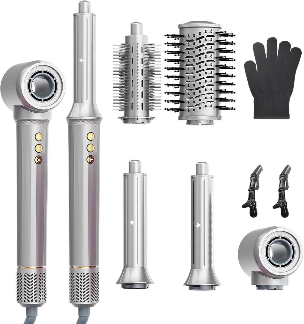 5-in-1 Blow Dryer Brush Set - 110,000 RPM High Speed Hair Dryer & Airbrush Hair Multi Styler - No Heat Damage Auto Wrap Air Curler - Magic Hot Air Styler for at Home Styling Women Gray