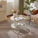VINGLI Glass Coffee Table, 25.6" Round Coffee Table, Transparent Glass Coffee Tables for Living Room, 2-Tier Coffee Table with Storage, Modern Center Table with a Beige Frame, Mesa de Centro Para Sala