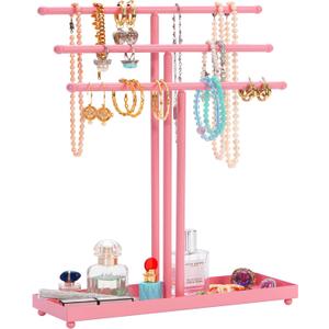 Jewelry Organizer Stand 3 Tier Tabletop Bracelet Rings Watches Necklace Display with Tray Great for Women Pink