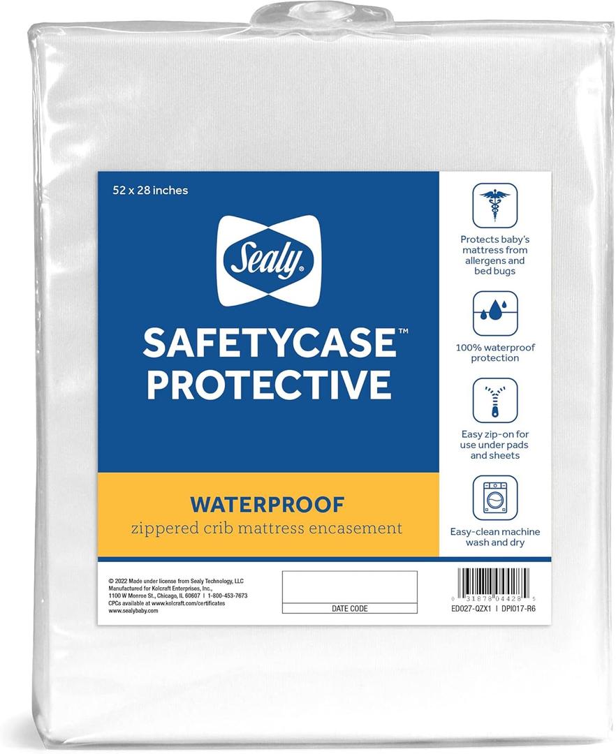 Sealy Baby SafetyCase Breathable Waterproof Crib Mattress Protector Pad, Toddler Bed Cover, Zippered Bedding Encasement, Noiseless, Machine Washable / Dryer Friendly, 52"x28” - White