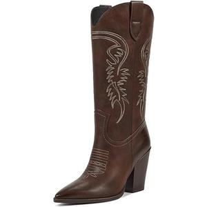 ISNOM Cowgirl Boots for Women - Brown Western Tall Boots With Wide Calf and High Heel - Knee High 9.5