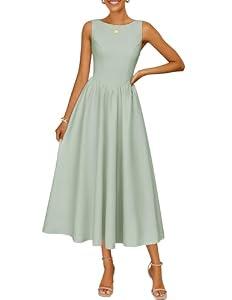 ZESICA Women's Spring Sleeveless Cocktail Dresses 2026 Summer Crewneck Flowy Wedding Guest Party A Line Midi Dress Sage, Medium