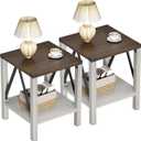 Treocho Farmhouse End Table Set of 2, Rustic Vintage Nightstand Side Table with Shelf for Living Room, Antique White & Brown