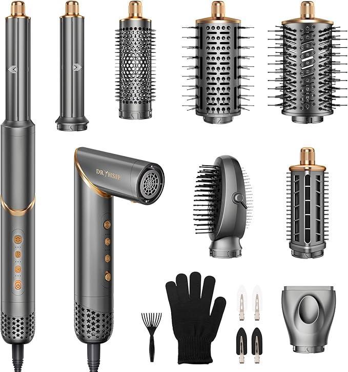 8 in 1 Hair Styler Set & Hair Dryer Brush, 110,000 RPM High-Speed Negative Ionic Foldable Hair Dryer Fast Drying, Multi Professional Hot air Styler for Curling Volumizing Straightening Styling(Gray)