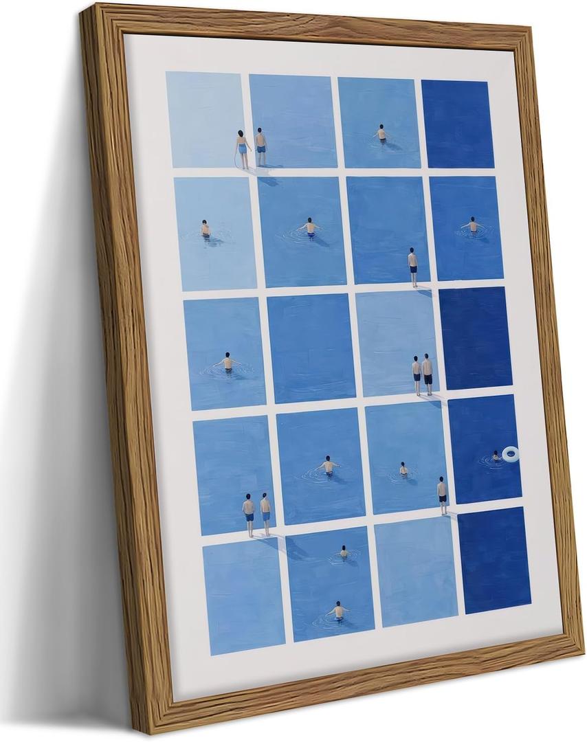 Modern Blue Wall Art, Minimalist Summer Grid Swimming Pool Canvas Wall Decor Painting, Mid Century Aesthetic Artwork Print Pictures for Living Room Bedroom Bathroom Decor 16x24 Inch Wood Framed