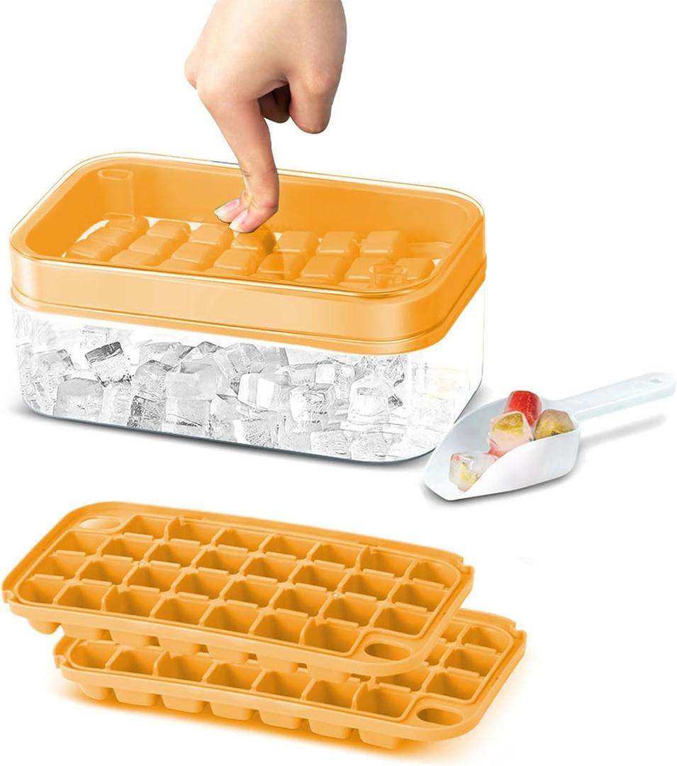 Ice Cube Tray with Lid & Storage Bin, Ice Cube Maker Mold for Freezer with Container, Mini Ice Cube Tray Makes 60 Cube Ice at Once for Cocktail Whiskey Tea Coffee (Orange)