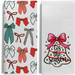 3 x Coquette Red and Green Christmas Bow Kitchen Towels, Preppy Christmas Dish Tea Towel for Kitchen, Girly Xmas Snowflakes Holiday Decorative Hand Towels for Bathroom, 16x24 Inches Set of 2
