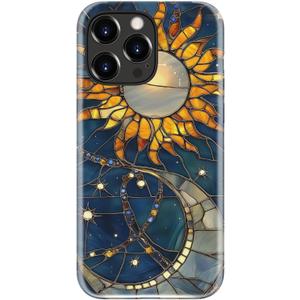 LUMARKE for iPhone 14 Pro Case Cute,Aesthetic Stained Glass Moon and Sun Blue, Compatible with Magsafe, Trendy Fancy Cool Retro Western Protective Slim Silicone Phone Cover for Women Girls (Solar Lunar Harmony)