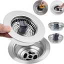 Hibbent 3 in 1 Kitchen Sink Drain Strainer, Stainless Steel Wrapped Shell Drain Stopper Combo, Pop Up Sink Stopper, 3 SUS304 Anti-Clogging Basket Strainer with Handle for US Standard 3-1/2" Drain