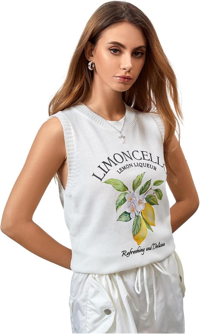 WDIRARA Women's Floral Letter Graphic Sweater Vest Crew Neck Sleeveless Pullovers Tank Tops, (White, M)