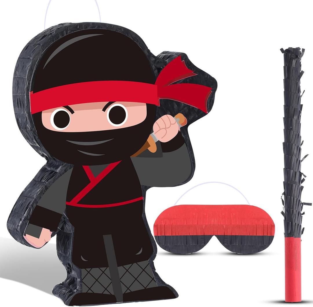 Ninja Piata Mini with Blindfold for Birthday Party Supplies, Bat and Filler for Birthday Party Decorations, Boys Girls and Adults Game Warrior Halloween Favors