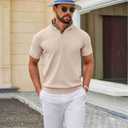 COOFANDY Men's Polo Shirts Short Sleeve Textured Knit Polo Shirt Ribbed Casual Golf Shirts Light Brown (Blue)