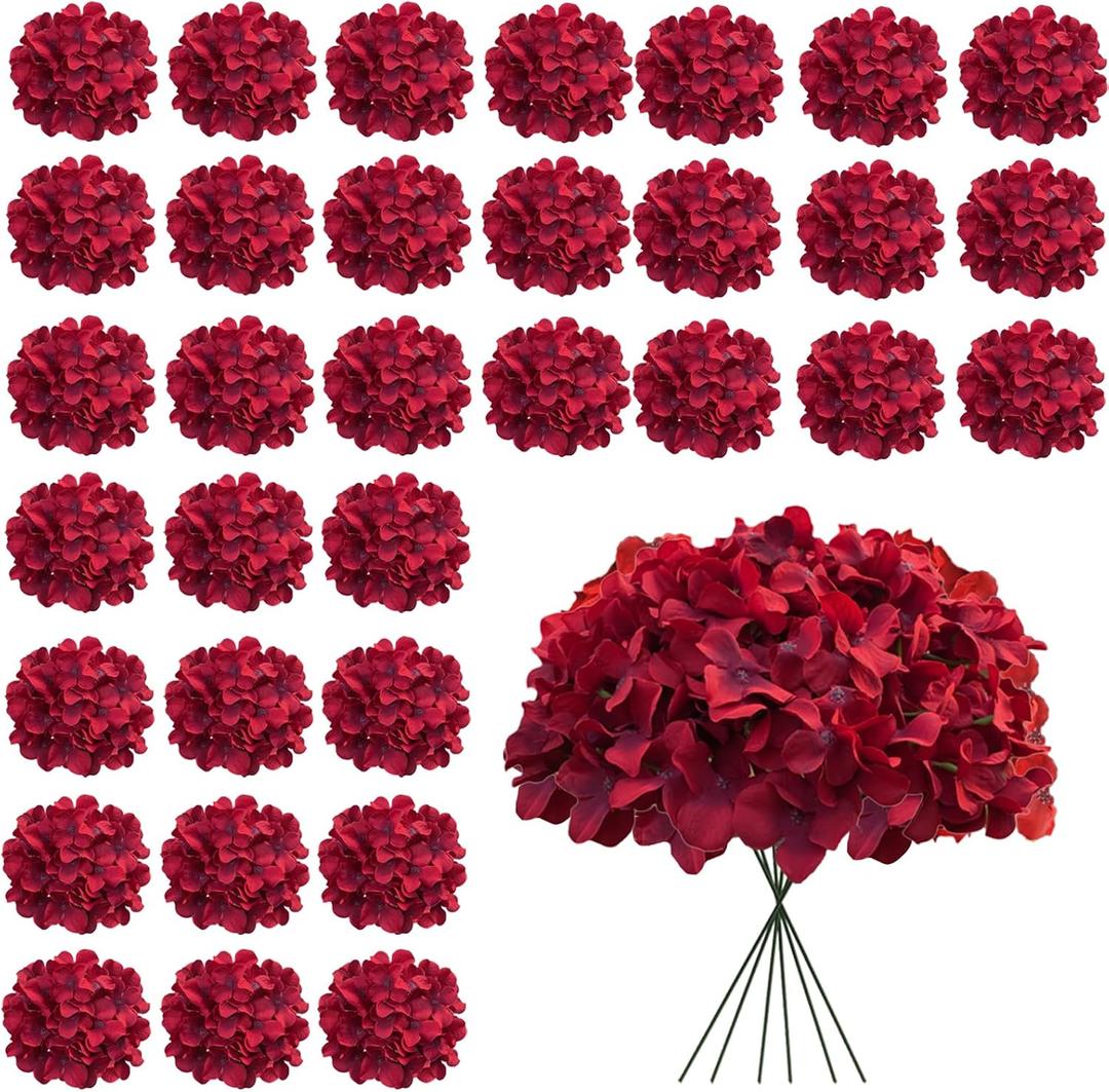 Dark Red Hydrangea Artificial Flowers Bulk, 30 Pcs Faux Hydrangea Flowers Heads, Artificial Fake Silk Hydrangea Flowers with Stems, Red Flowers Artificial for Decoration Wedding Dcor