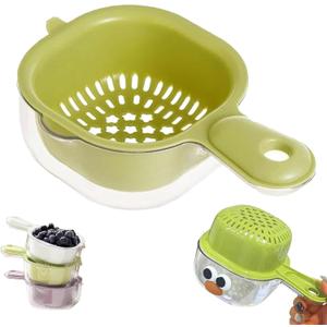 Kitchen Dual Layer Draining Basket with Handle,Double Drain Plastic Fruit Washing Bowl, Handy Mini Berry and Tomato Washer, Fruit Storage Container (Green)