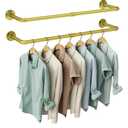 Industrial Pipe Clothes Rack Wall Mounted Set of 2, 38.4 inches Heavy Duty Iron Pipe Clothing Garment Rail, Multi-Purpose Clothing Hanging Rod for Laundry Room and Closet Storage, Gold