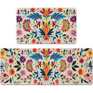 Mexican Floral Kitchen Rugs Set of 2, Colorful Kitchen Mats with Rubber Backing Non Slip Washable, Cinco De Mayo Gift, 17" x 29 + 17" x 47" (White)