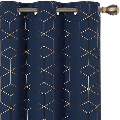 Deconovo Grommet Blackout Curtains with Gold Diamond Foil Print, Navy Blue, 42W x 95L