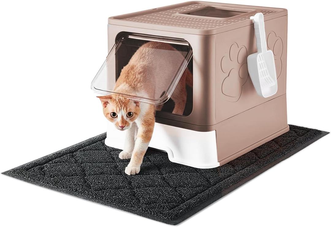 Cat Litter Box with X-Large Litter Mat and Scoop, Large Covered Litter Box with Lid, Enclosed Kitty Box,Front Top Entry Exit, Odor Control Easy to Clean (Upgrade Coffee)