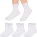 3 Pack Girls White Ruffle Dress Short Socks, Cute Scallop Frilly School Uniform Cotton Crew Ankle Socks (White)