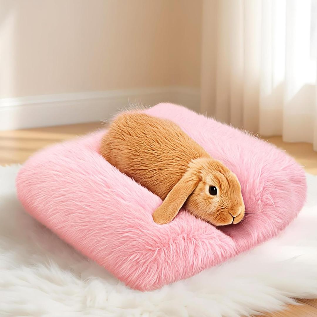 Vicenpal 15.7 x 14 Inch Pink Rabbit Bed Thickened Soft Fluffy Bunny Bed Warm Cuddle Cushion Plush Mat Small Pet Flop Mat Cotton Pillow Concave for Rabbit Guinea Pig Small Animals