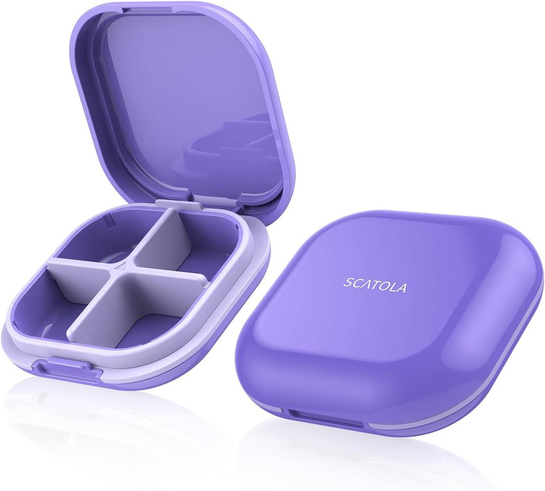 Daily Pill Organizer 4 Compartments, Small Pill Box Portable Travel Pill Case, Mini Pill Container for Purse Pocket, Compact Travel Medicine Organizer for Vitamin, Cod Liver Oil, Supplement (Purple)