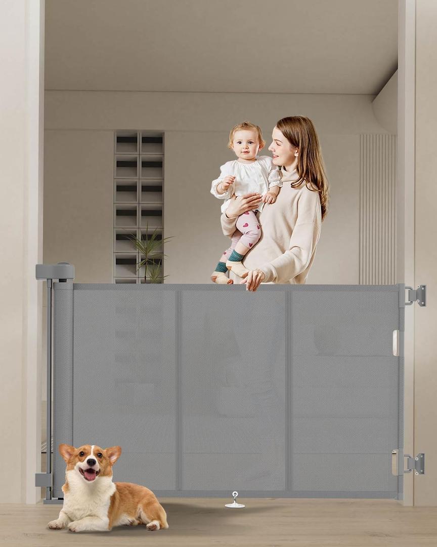 Miumoon 71 inch Retractable Baby Gates 34 inch Tall, Retractable Gate with Reinforced Strip Design to Prevent Crawling Through, 6 FT Retractable Dog Gate for Stairs, Doorways, Hallways, Indoor/Outdoor (Gray)