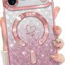 Bonoma Compatible with iPhone 17 Pro Max Case 2025 Support for MagSafe, Plating Heart Glitter Magnetic Checkered Case TPU Camera Protection Back Cover for Girls Women -Pink