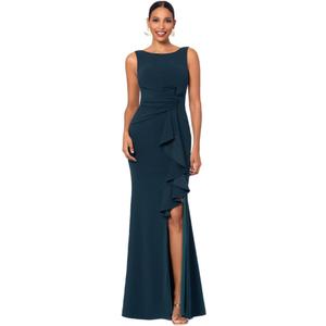 Betsy & Adam Women's Long Sleeveless Boat Neck Ruffle Side Slit Scuba Crepe Gown (2 Petite, Pine)
