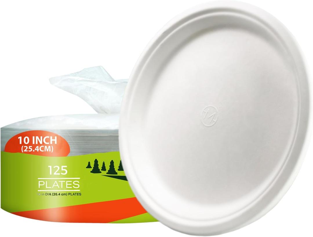Paper Plates, 100% Compostable-[10 Inch by 0.5" deep]-Heavy Duty Disposable Plate - [125-Pack] - (BPI Certified) - (PFAS-Free) - Eco-Friendly, Biodegradable Bagasse 10" Dinner Plates by MOBI Ecoware