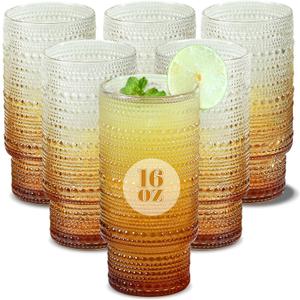 6pcs Hobnail Drinking Glasses Set, 16 oz Vintage Glassware Drinking Glasses, Gradual Amber Water Glasses Tumbler, Thanksgiving Cups for Kitchen, Juice, Beer, Cocktail, Whiskey