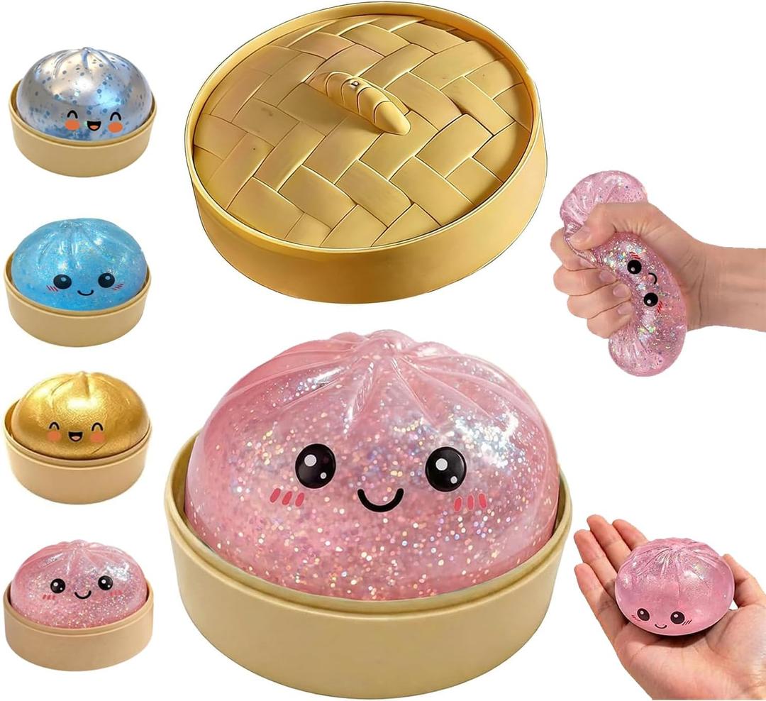 Dumpling Squishy, New Mystery Glitter Dumpling Squishies with Steamer, Sensory Squeeze Toy for Stress Relief, Soft Decompression Dough for Adults Office and Home Use (Pink)