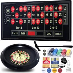 16 Roulette Wheel Set for Adults, Roulette Table and Wheel, Casino Games with 16 Roulette Wheel, 47 x 24 Felt Casino Mat, 100pcs Poker Chips, 2 Roulette Balls, 2 Decks of Poker Cards Dealer Button