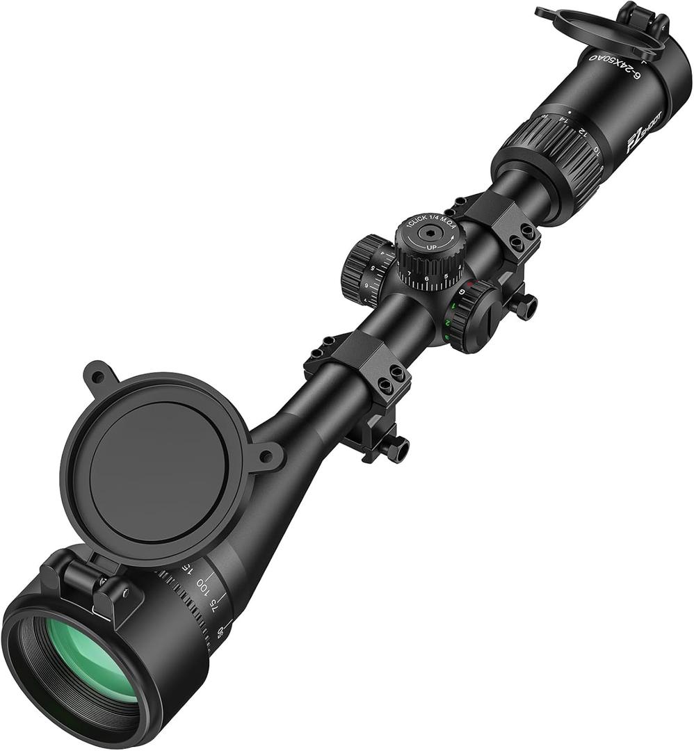 EZshoot 6-24x50 Rifle Scope with Red Green Illuminated Reticle, Zero Reset and Locking Turrets, Adjustable Objective, 1 Inch Tube Long Range Scope with 20mm Scope Rings, Second Focal Plane Riflescopes