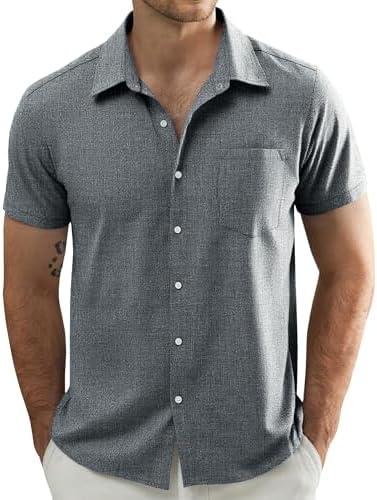 JOGAL Mens Short Sleeve Button Down Shirts Regular Fit Casual Summer Beach Shirt with Pocket, M