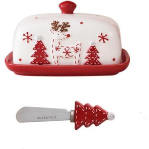 Applicable to Christmas Gifts, Butter Plates, Butter Knives, Western Food Dishes, Dim Sum Biscuits, Dessert Dishes With Covers, Nordic Style (Red, A Set), 7.5"L x 5"W x 4.2"H