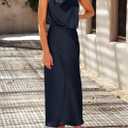 PRETTYGARDEN Women's 2026 Summer Satin Dress Elegant Sleeveless Mock Neck Cocktail Party Maxi Dresses (Dark Navy)