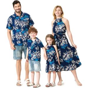 PATPAT Family Matching Outfits Matching Hawaiian Outfits for Family Tropical Palm Leaf Print Boys Toddler White Tropical Hawaiian Shirt Dad Son Matching Shirts Navy Blue Leaf Print Boy, 4t/5t