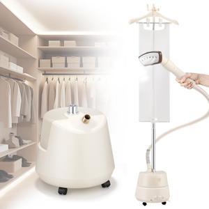 CGOLDENWALL Commercial Upgraded Standing Garment Steamer for Clothes with Drain Port 1650w Continuous 70 mins Powerful Steam 30s Fast Heat-up,Include Fabric brush, Ironing pad, Gloves,Trouser Clips (White)