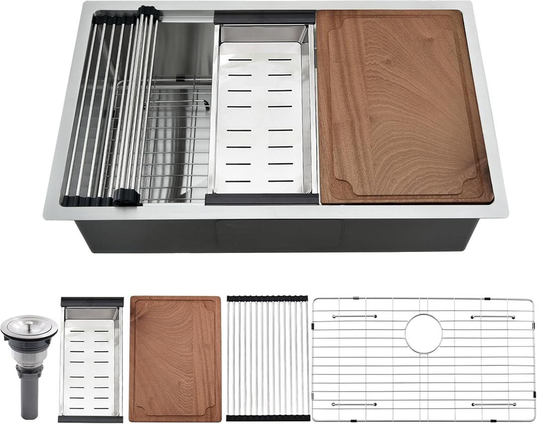 31 Undermount Kitchen Sink Workstation, 31x18 Inch Stainless Steel Kitchen Sink Single Bowl 16 Gauge Deep Handmade Round Corner Under Mount Home Sinks (Brushed Nickel)