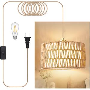 Plug in Pendant Light Rattan Hanging Lights with Plug in Cord, Woven & Fabric 2 in 1 LampShade, Hanging Lamp Plug in for Bedroom Living Room Kitchen Island (Bulb Included)
