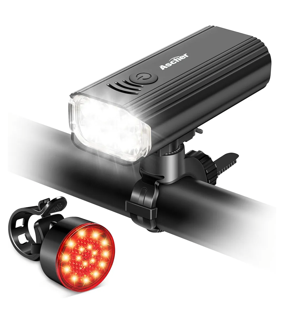 Ascher USB Rechargeable Bike Light Front and Back, Super Bright 1000 Lumens Bicycle Headlight and Compact Tail Light, 4 Light Modes, Large Capacity Battery Bike Lights for Night Riding Road Mountain