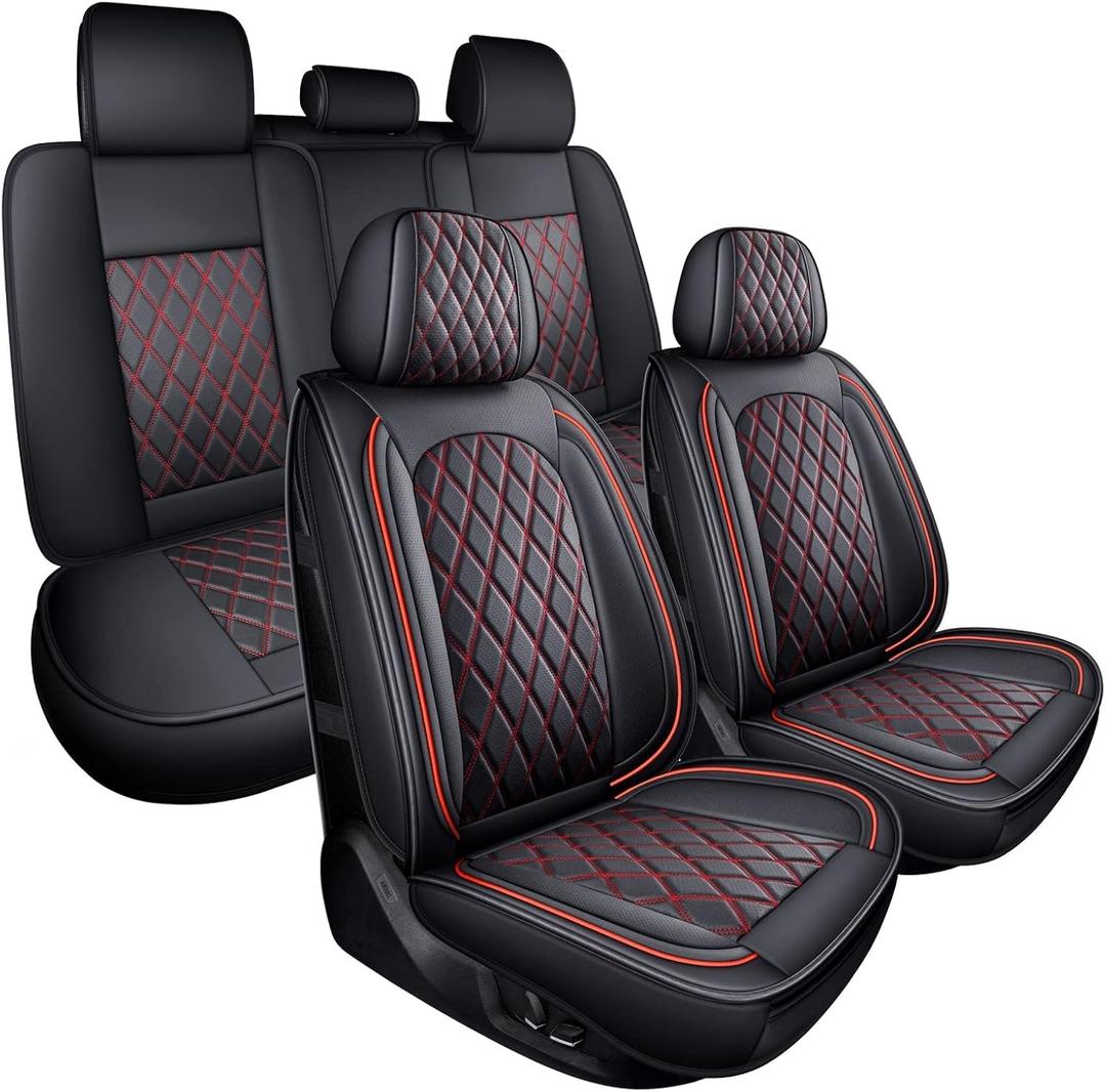 MIROZO Seat Covers, Waterproof Seat Cover Vehicle Cushion Cover Breathable Universal Fit for Most Sedan, Truck and SUV for Tacoma Rogue CX5 Chevy (5PCS Full Set, Black Red)