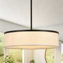 Dining Room Light Fixture Black Chandelier for Entryway 5Light Large Linear Round Island Lighting White Fabric Kitchen Pendant Light for Kitchen Bedroom Foyer Living Room, 7lights