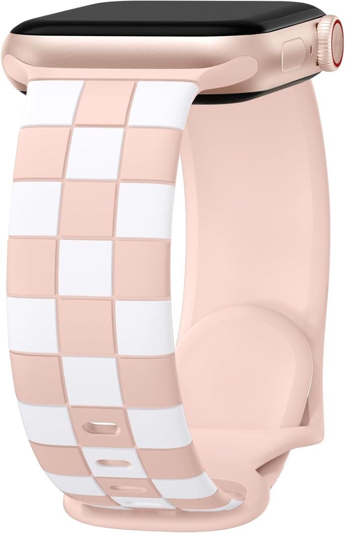 DaQin Checkered Band Compatible with Apple Watch Bands for Women 40mm 41mm 42mm 38mm 44mm 45mm 46mm 49mm Men, Cute Soft Silicone Dressy Strap for iWatch Bands Series 11 10 SE 9 8 7 6 5 4 3 2 1 Ultra 2 (White/Sand Pink)