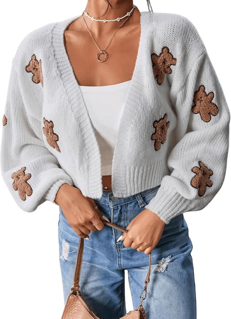SweatyRocks Women's Graphic Embroidery Long Sleeve Loose Cardigan Open Front Knit Cardigan Crop Sweater (Small, White)