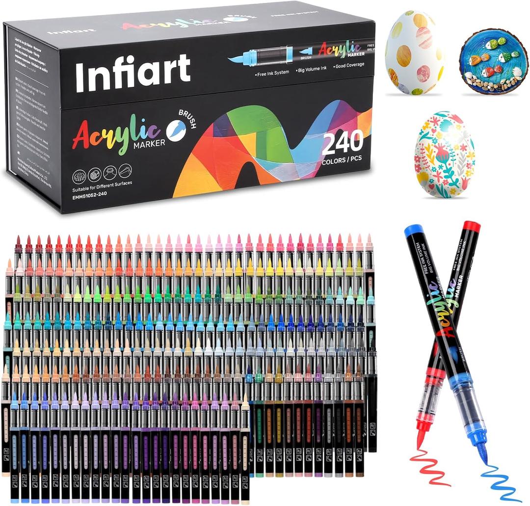 240 Colors Acrylic Paint Markers Brush Tip, Automatic Ink Control Acrylic Paint Pens Waterproof Acrylic Markers Set for Christmas Decorations, Stone, Wood, Glass, DIY & Art Supplies