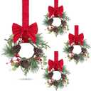 SHACOS 4 Pcs 10" Christmas Mini Cabinet Wreaths with Bells for Kitchen, Xmas Small Cabinet Wreaths with Red Berries Ribbon Bow Artificial Wreath for Front Door Window Christmas Party Decor (Green and Red)