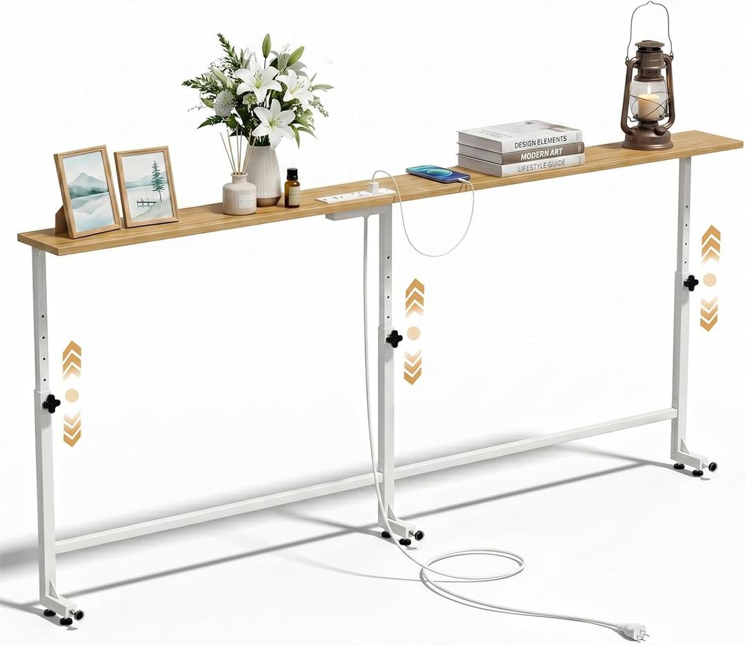 Faesun 67 Inch Narrow Behind Couch Table with Charging Station, Oak, 5.9"D x 67"W x 23.6"-34.6"H