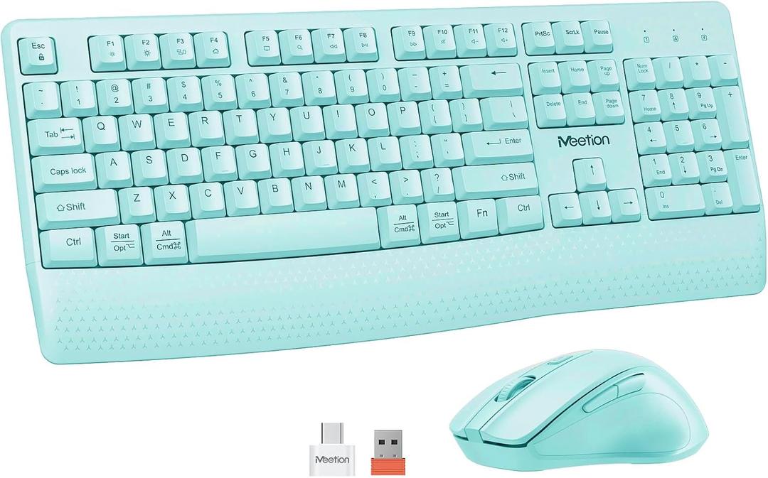 MEETION Wireless Keyboard and Mouse, Full-Sized Cordless Keyboard with Wrist Rest, 3 DPI Adjustable Mouse, 2.4GHz USB-A Receiver, Computer Keyboard for PC/Computer/Laptop/Windows/Mac, Blue