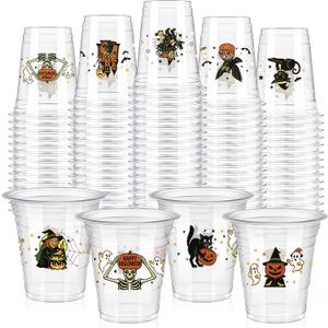 Eaasty 100 Pcs 12 oz Vintage Halloween Disposable Plastic Cups Retro Witch Cat Pumpkin Ghost Owl Skeleton Cups for Beverage Ice Cream Snacks Party Supplies Decoration